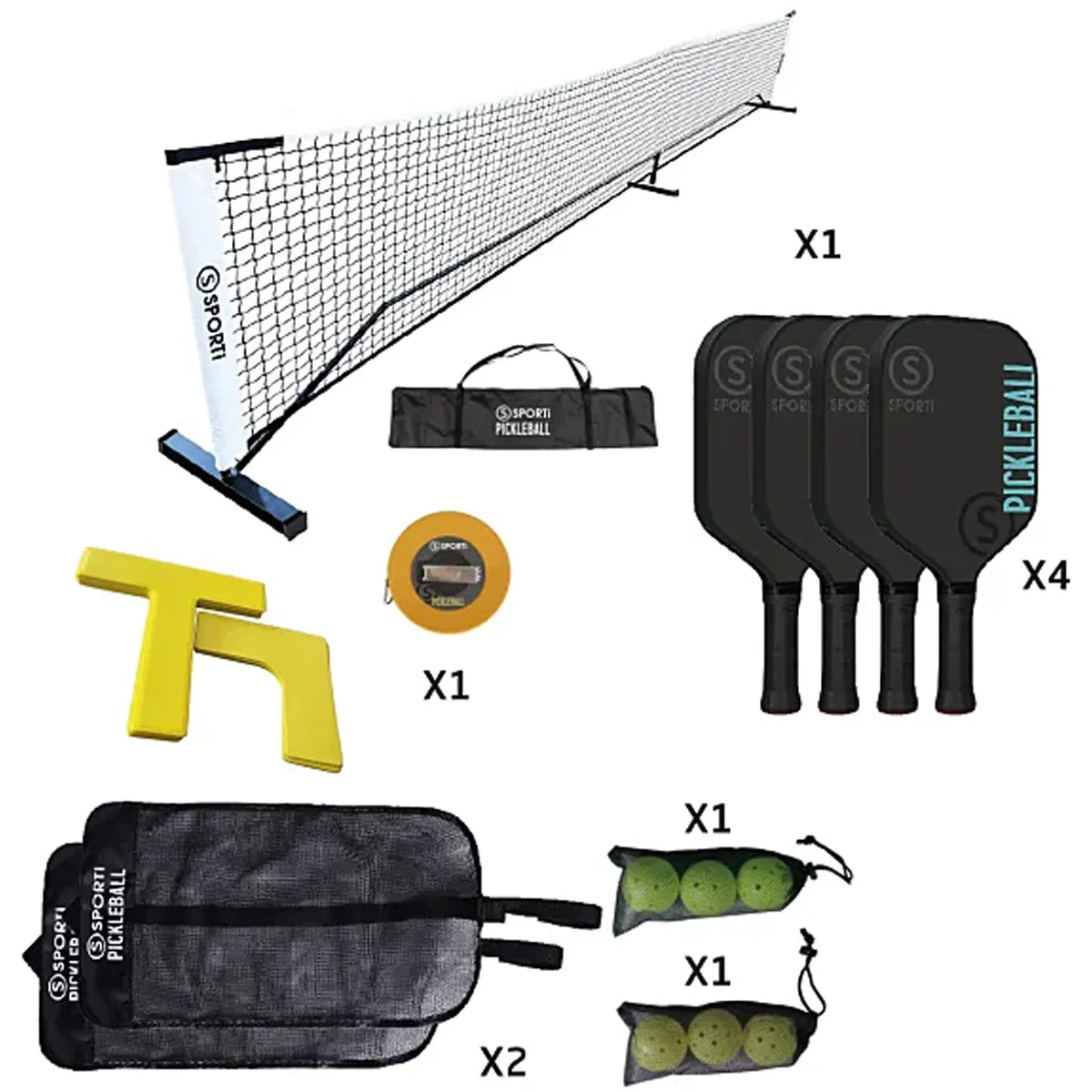 Kit Complet Terrain Pickleball : Filet avec Structure + Marquage + Raquettes + Balles