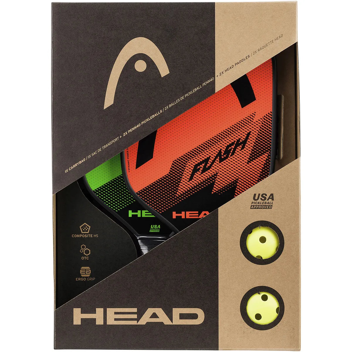 Lot de 2 Raquettes Head Pickleball Flash + 2 Balles